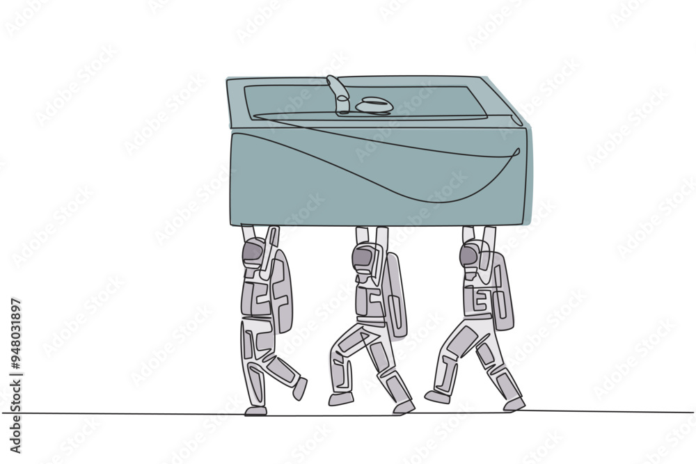 Aufkleber single one line drawing a group of astronauts work together carrying safe deposit box. maximum funct