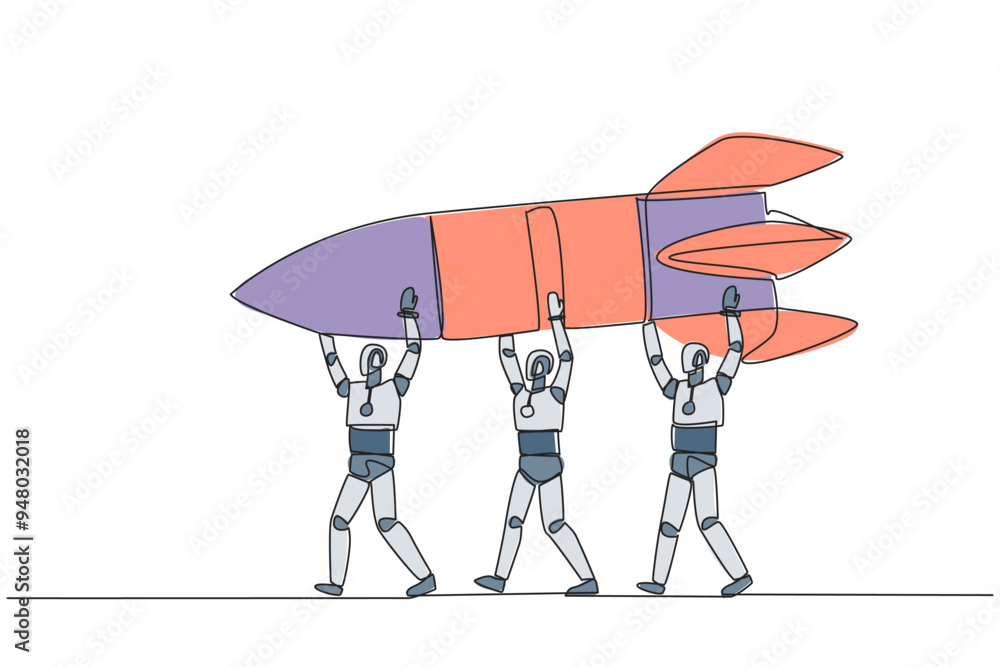 Poster single continuous line drawing a group of robots work together carrying a rocket. new branch. manage