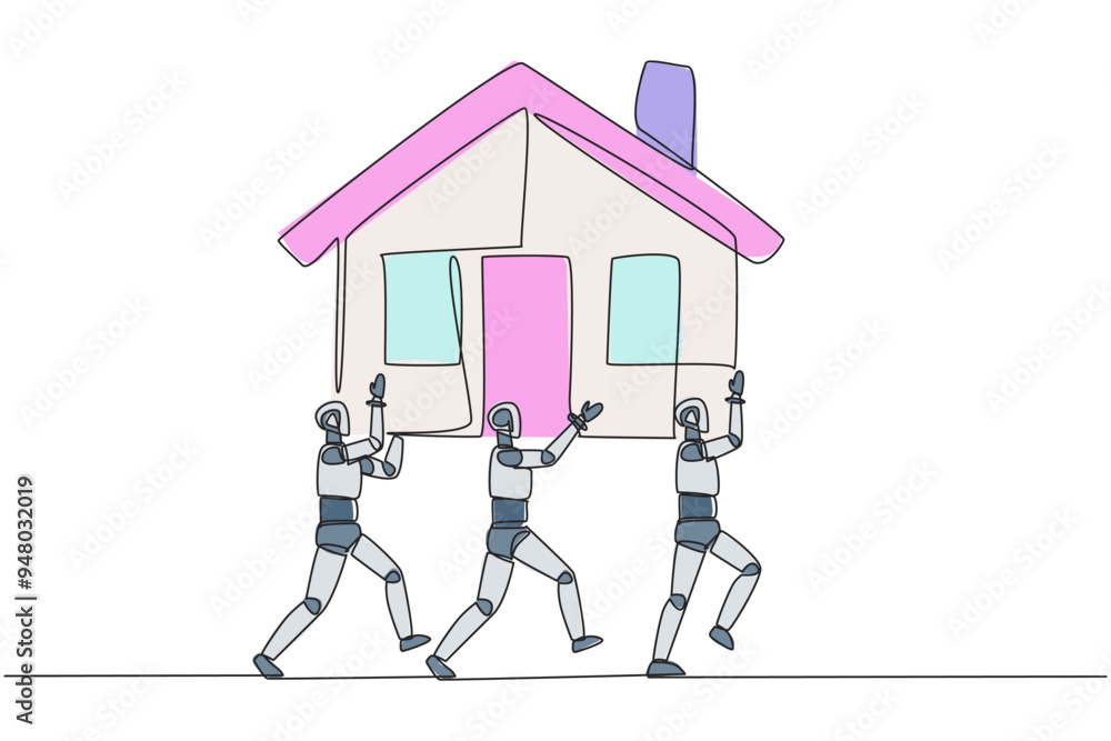 Poster single one line drawing group of robots work together carrying a miniature house. architect robot. d