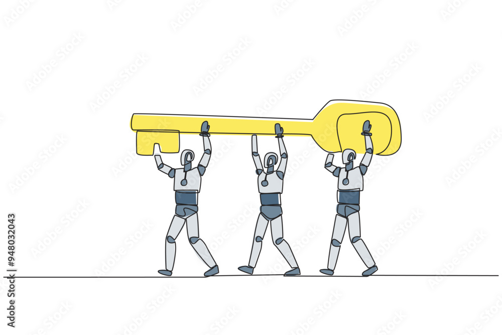 Poster continuous one line drawing group of robots work together carrying the key. artificial intelligence 