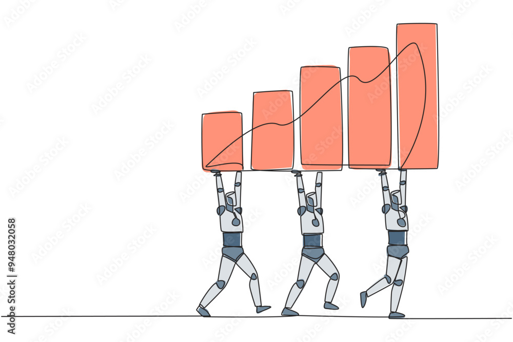 Aufkleber single continuous line drawing group of robots work together carry a graphic chart. updated artifici
