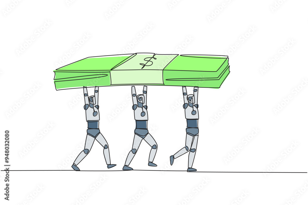 Poster single one line drawing group of robots working together carrying stack of banknotes. fund the requi