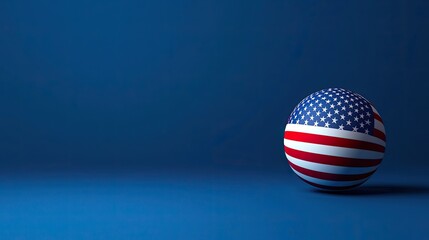 Fototapeta premium A vibrant American flag ball resting on a blue background, symbolizing patriotism and national pride.