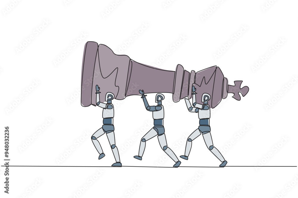 Poster continuous one line drawing group of robots work together carrying the king's chess pieces. artifici