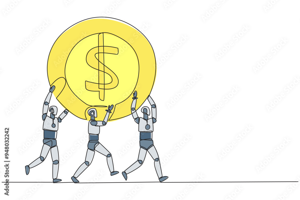 Poster single one line drawing group of robots work together carrying a dollar symbol coin. add little capi