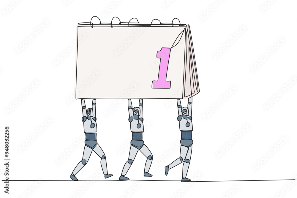 Poster continuous one line drawing a group of robots work together carrying a desk calendar. able to manage
