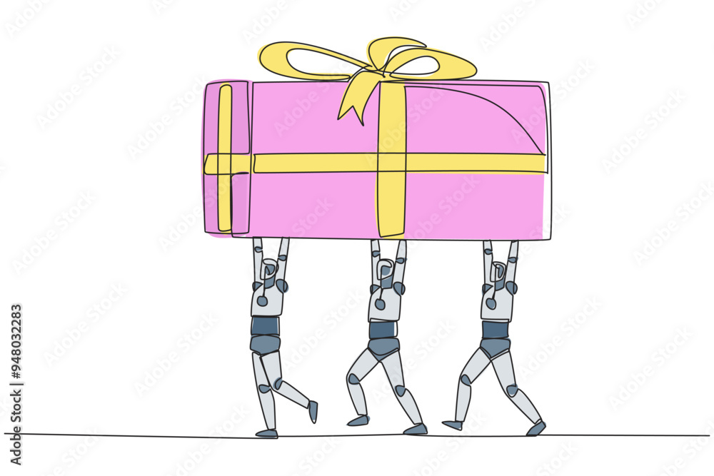 Poster continuous one line drawing group of robots work together to carrying gift box. the smartest robot. 