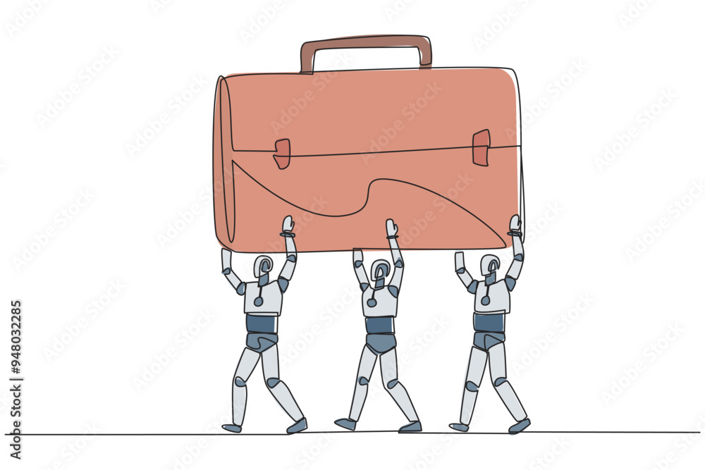 Poster single continuous line drawing group of robots work together carrying a briefcase. test artificial i