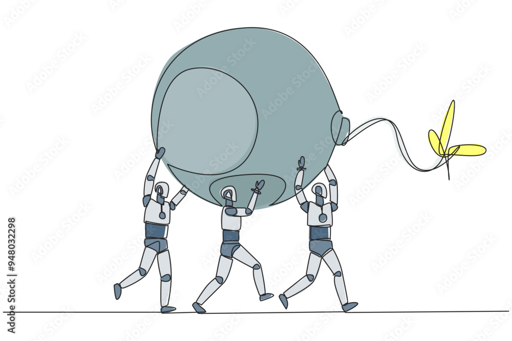 Poster single continuous line drawing group of robots work together carrying a big bomb with fuse lit. haza