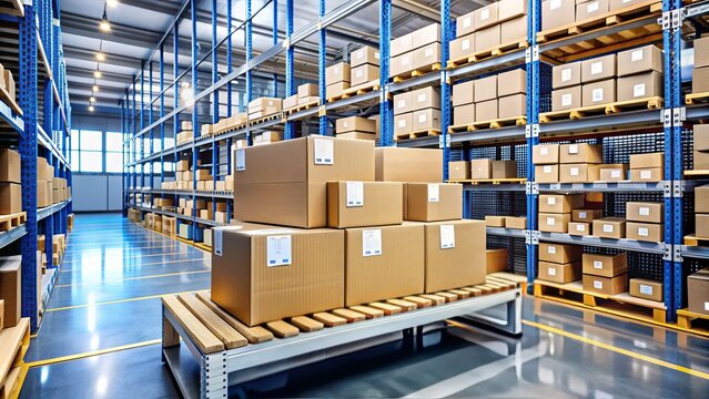 Freshly packed cardboard boxes with shipping labels and invoices sit on a modern warehouse shelf, awaiting dispatch, surrounded by storage crates and busy office equipment.
