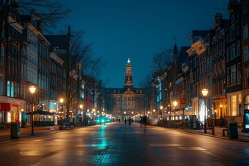 Obraz premium Tourists walking down a street at night in amsterdam, netherlands with the royal palace in the background
