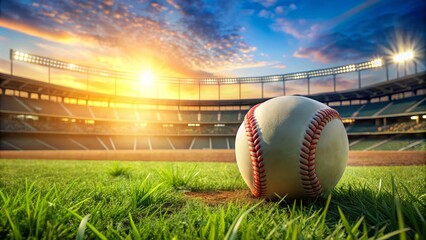 Freshly unwrapped baseball lies on a vibrant green grass field, waiting for the first pitch, with a blurred stadium background and a sunny sky.