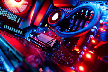 Fototapeta premium Closeup details of a computer that has many colorful lights on it. Generative AI