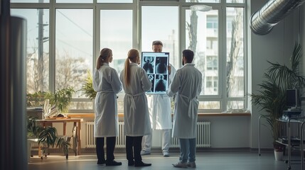Fototapeta premium Doctors reviewing X-rays in a bright medical office during the day with large windows and potted plants