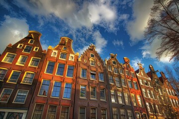 Obraz premium Row of brick traditional dutch houses with gable facades under blue sky on sunny day in amsterdam, netherlands