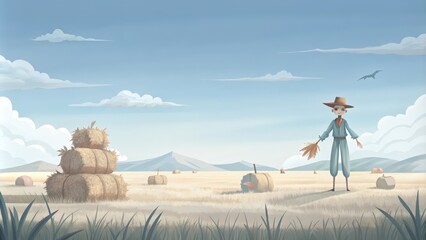 Obraz premium A Cartoon Scarecrow Standing in a Field of Hay Bales
