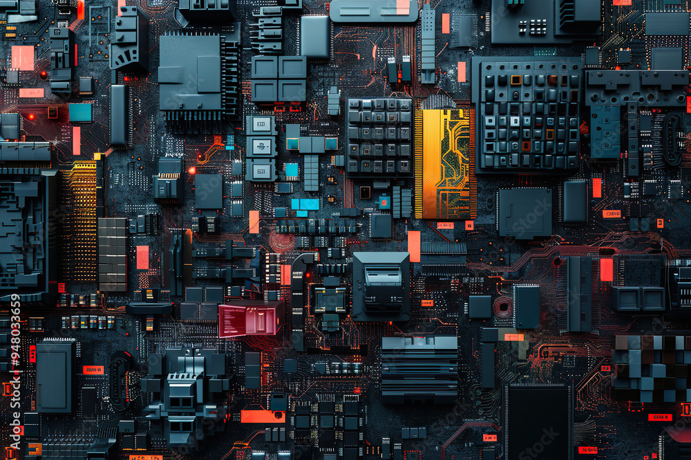 Poster a man stands in front of a computer screen that is filled with a cityscape.