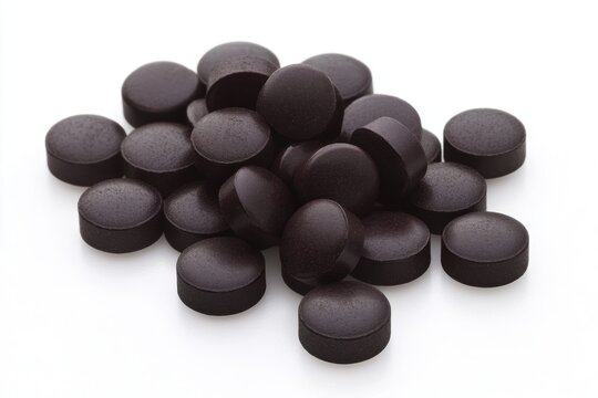 Close-up of black pills on white background for medical concept