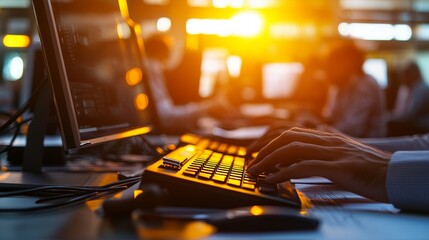 A bustling newsroom with journalists typing furiously on keyboards, phones ringing, and editors reviewing articles