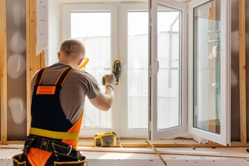 handsome young man installing bay window in a new house construction site. handsome young man installing bay window in a new house construction site
