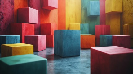 A room full of colorful blocks with a blue cube in the middle