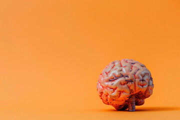 Human brain model with orange background. World meningitis day,  close-up, copy space