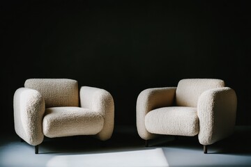 contemporary cream armchairs with soft rounded edges textured fabric and sleek wooden legs in modern minimalist setting on dark background