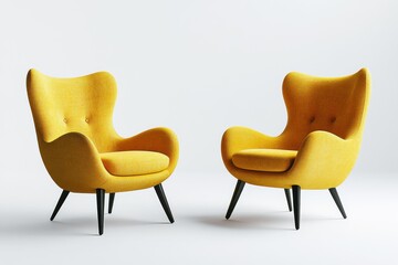 modern yellow wingback armchairs with curved design textured fabric and black tapered legs in contemporary minimalist setting on white background