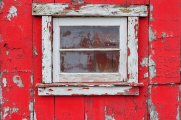 Weathered red wooden wall with vintage white window