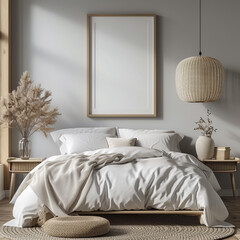 pillow minimal portfolio living canvas comfortable furniture lamp up contemporary indoor poster apartment floor room bedroom chair bed loft simple frame interior mock blank blanket home