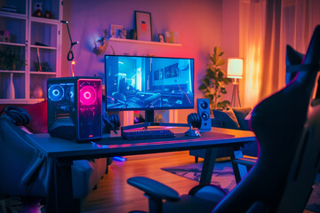 Gaming room featuring a computer placed on a desk with a chair nearby. Generative AI