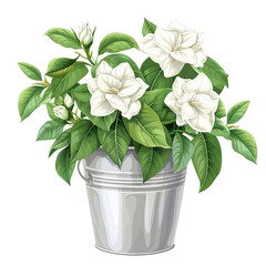 A beautiful arrangement of white flowers in silver bucket, surrounded by lush green leaves, evokes sense of tranquility and freshness. 