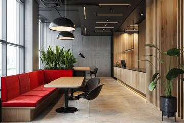 An office break room with modern furniture and decor