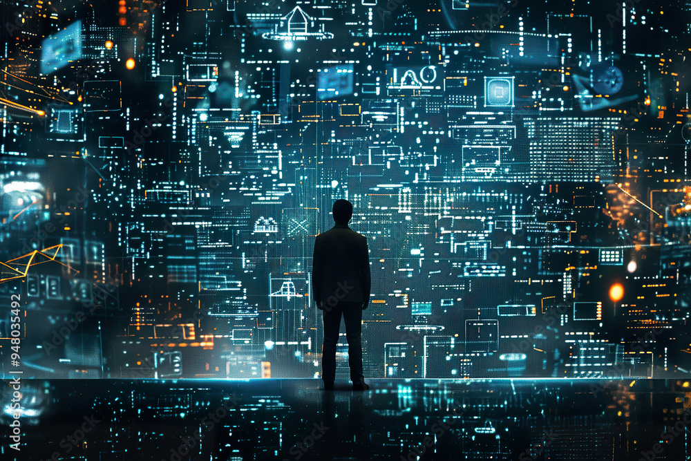 Poster a man stands in front of a computer screen that is filled with a cityscape.
