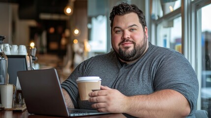 Fototapeta premium A plus-size man at a coffee shop, sipping coffee and working on his laptop, focused and productive, copy space