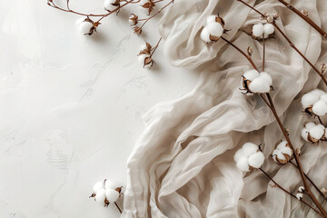 Delicate Cotton Branches And Soft Fabric On White Background. World Cotton Day, copy space