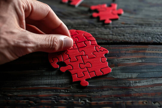 Hand Assembling Red Puzzle Piece into Head Shape on Wooden Surface. Concept for mental health, celebrity's mind labyrinth