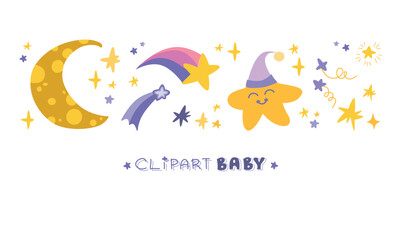 Isolated magic stickers with cute moon, stars and clouds.