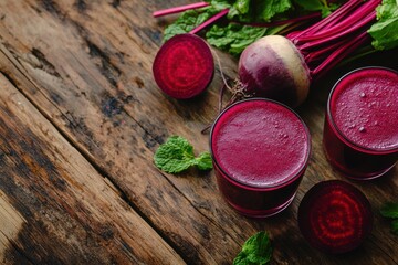 Fresh beetroot juice on rustic wooden table