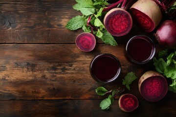 Fototapeta premium Fresh beetroot juice on wooden background with whole beets leaves
