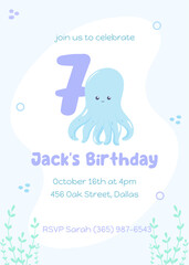 Children's seventh birthday under-the-sea party card. Fun invitation with a cheerful blue octopus in light blue and purple shades.