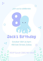 Ocean-themed eighth birthday celebration invite. Adorable marine postcard with a happy blue octopus in soft colors.