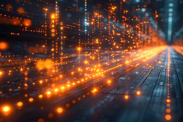 Obraz premium Futuristic Digital Data Stream Flowing Through a Cyber Grid - Technology and Innovation Concept