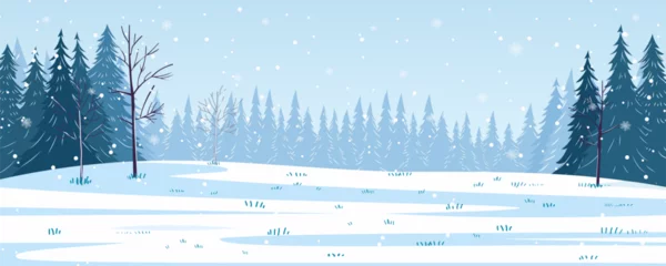 Fotobehang Blauwe hemel Winter landscape vector illustration. Beautiful panoramic winter landscape of a clearing in the forest under snow and snow-covered trees. Winter day outdoors in snowy weather. Christmas design.  © LoveSan