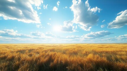Sprawling Prairie Landscapes with Warm Golden Grasses and Expansive Clear Blue Skies Above