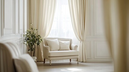 Ivory silk curtains with subtle floral patterns, hanging in a bright, airy room with classic furnishings.
