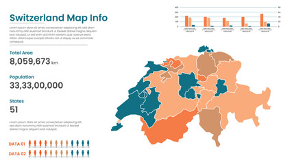 Naklejka premium Switzerland political map of administrative divisions states, Colorful states in Switzerland map infographic, Switzerland Map Info, Switzerland Population.