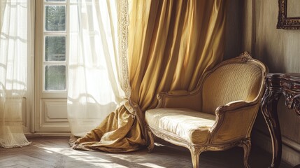 Obraz premium Pale gold silk curtains with a delicate sheen, hanging in a beautifully furnished room with antique furniture.