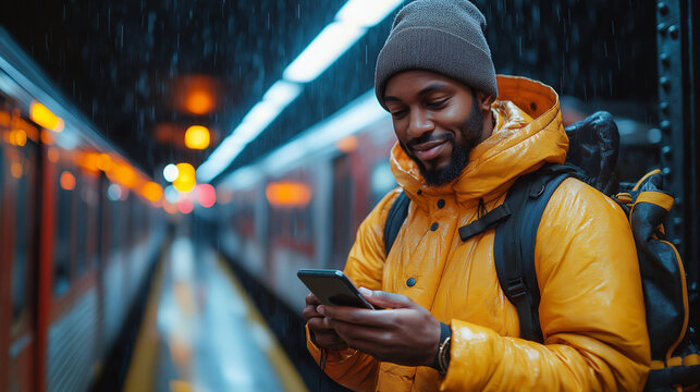 A transgender man checking his phone while waiting for a train, with the hustle and bustle of the station blurred behind him, with copy space âno darkness