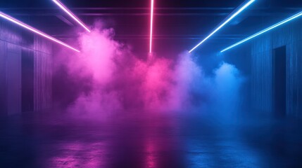 Fototapeta premium Neon Lights Illuminating a Fog-Filled Room with Concrete Floor